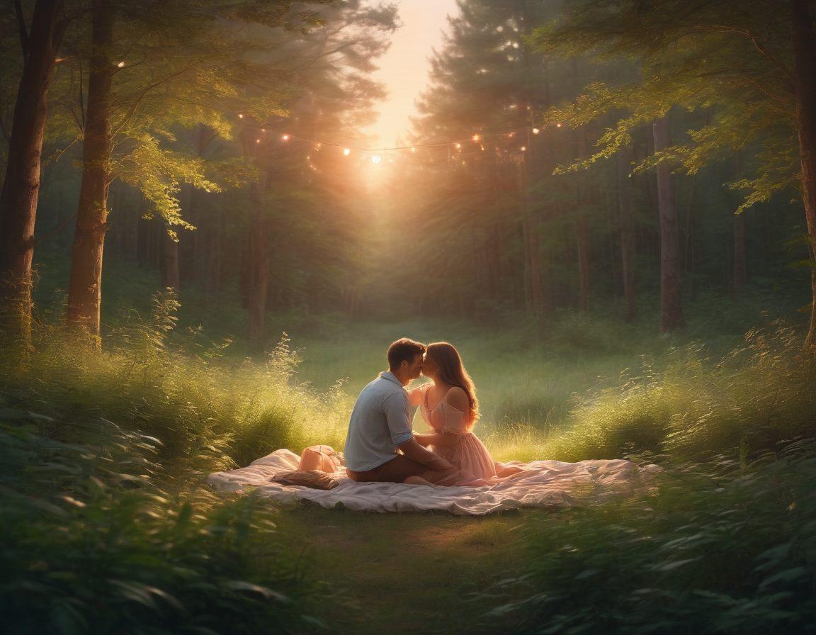 A romantic forest setting with a couple embracing, surrounded by lush greenery and soft, glowing lights. The scene features them engaging in a playful outdoor adventure, perhaps sharing a picnic or laughing together. Ethereal atmosphere with warm colors, reflecting love and intimacy. The background hints at a distant sunset, enhancing the romantic vibe. surrealism. warm pastel colors.