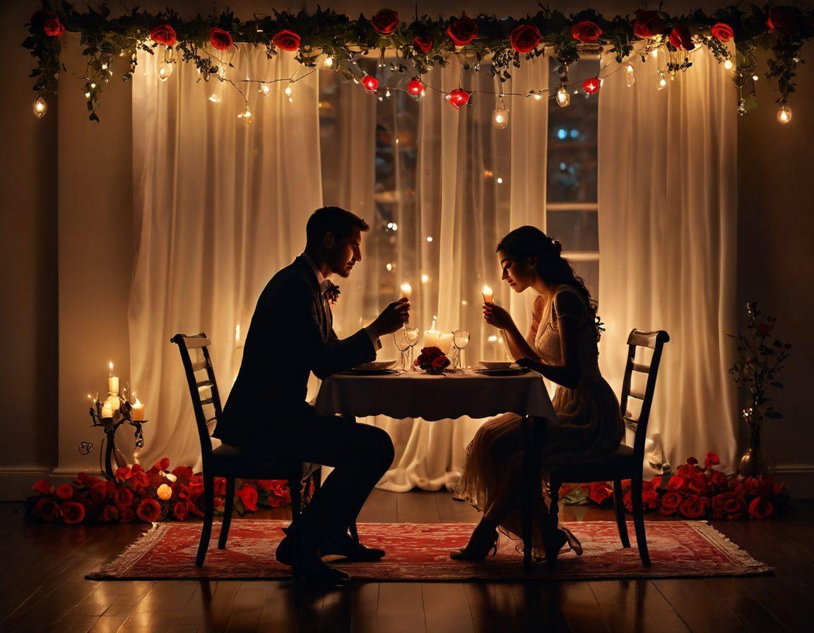 A romantic candlelit dinner set on a vintage table, adorned with soft, flowing fabrics and lush red roses. Silhouettes of a couple leaning in for a kiss, surrounded by twinkling fairy lights and soft shadows. The ambiance exudes warmth and intimacy, inviting deeper connections. super-realistic. vibrant colors. dreamy atmosphere.