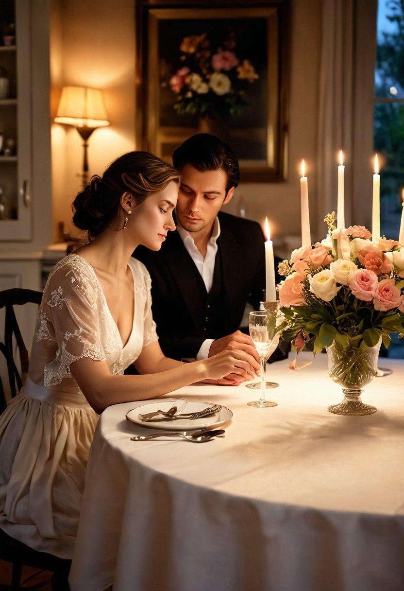 A soft, ambient-lit scene depicting a beautifully set dining table adorned with candles and fresh flowers, evoking intimacy and romance. A couple is engaged in deep conversation, their eyes locked, surrounded by subtle heart motifs and soft flowing fabrics in the background. The warm tones and gentle lighting enhance the mood of love and connection. painting. soft colors. warm ambiance.